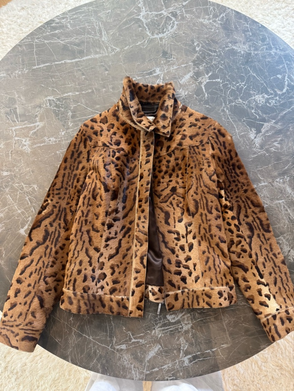Leopard print pony hair fur jacket